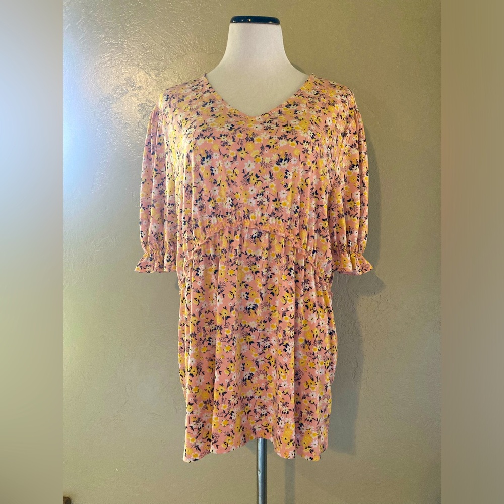 Pink Yellow White & Black V Neck Floral High Low Top with Ruffled Sleeve Size XL